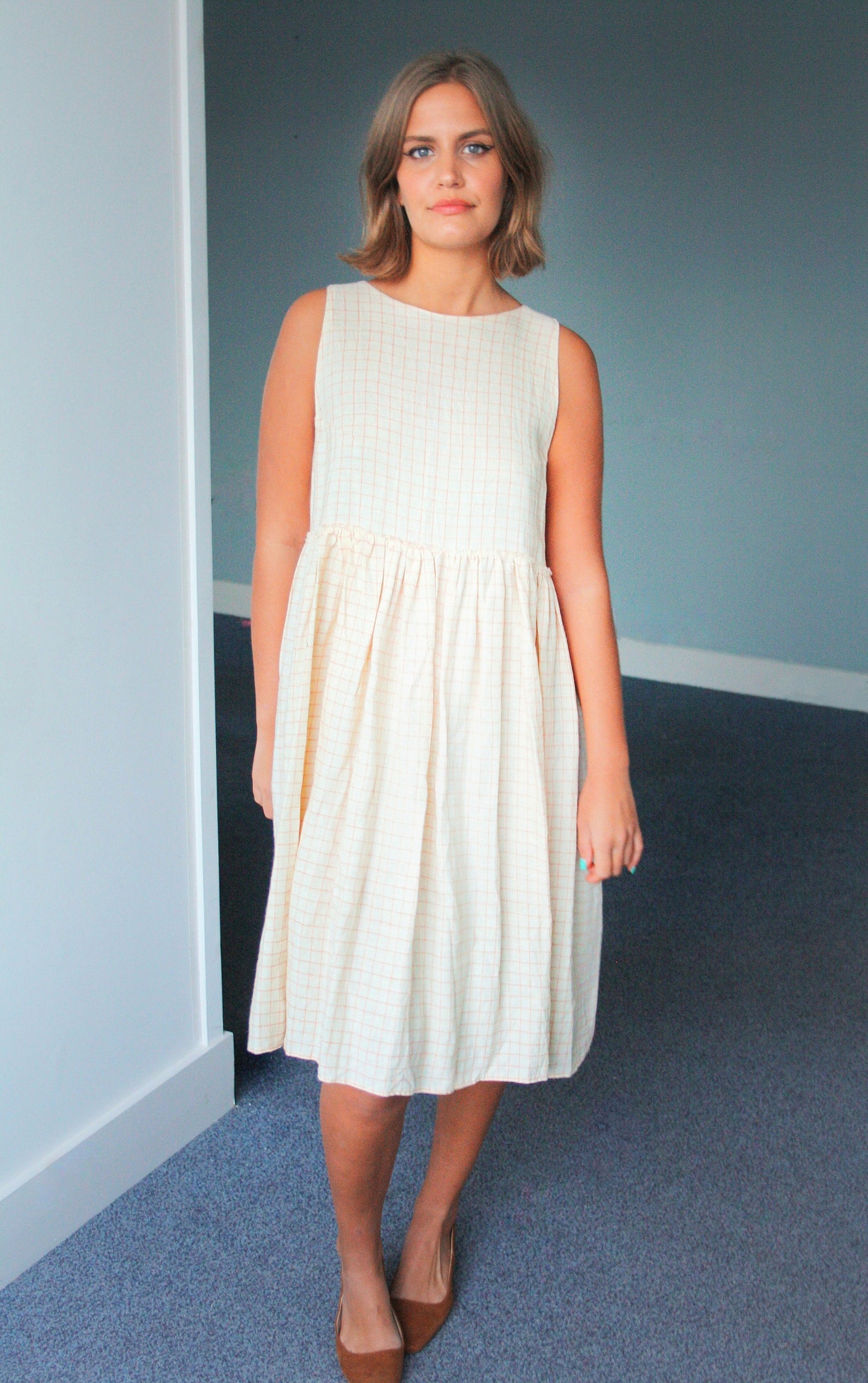 Check Linen Midi Dress