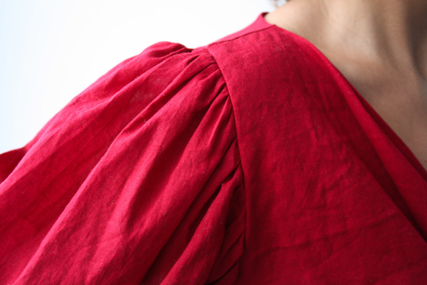 Ethically made organic muslin red puff sleeve tie front crop top