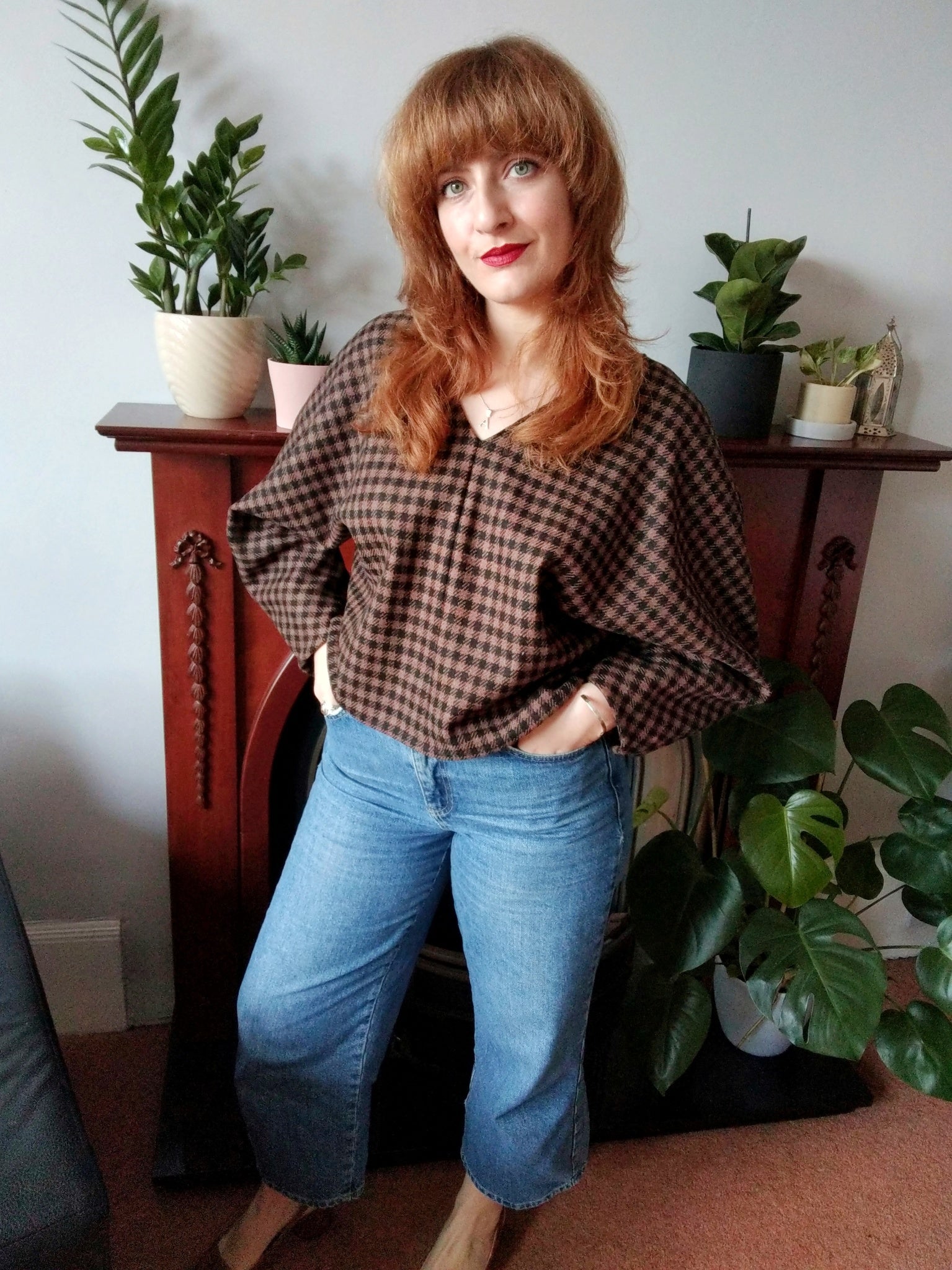 Ethical sustainable reclaimed tan and black gingham check wool sweater