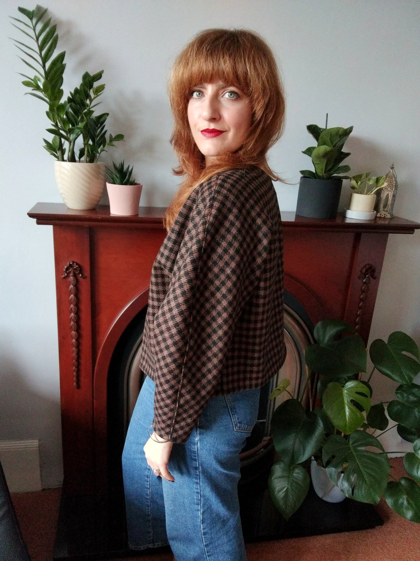 Ethical sustainable reclaimed tan and black gingham check wool sweater