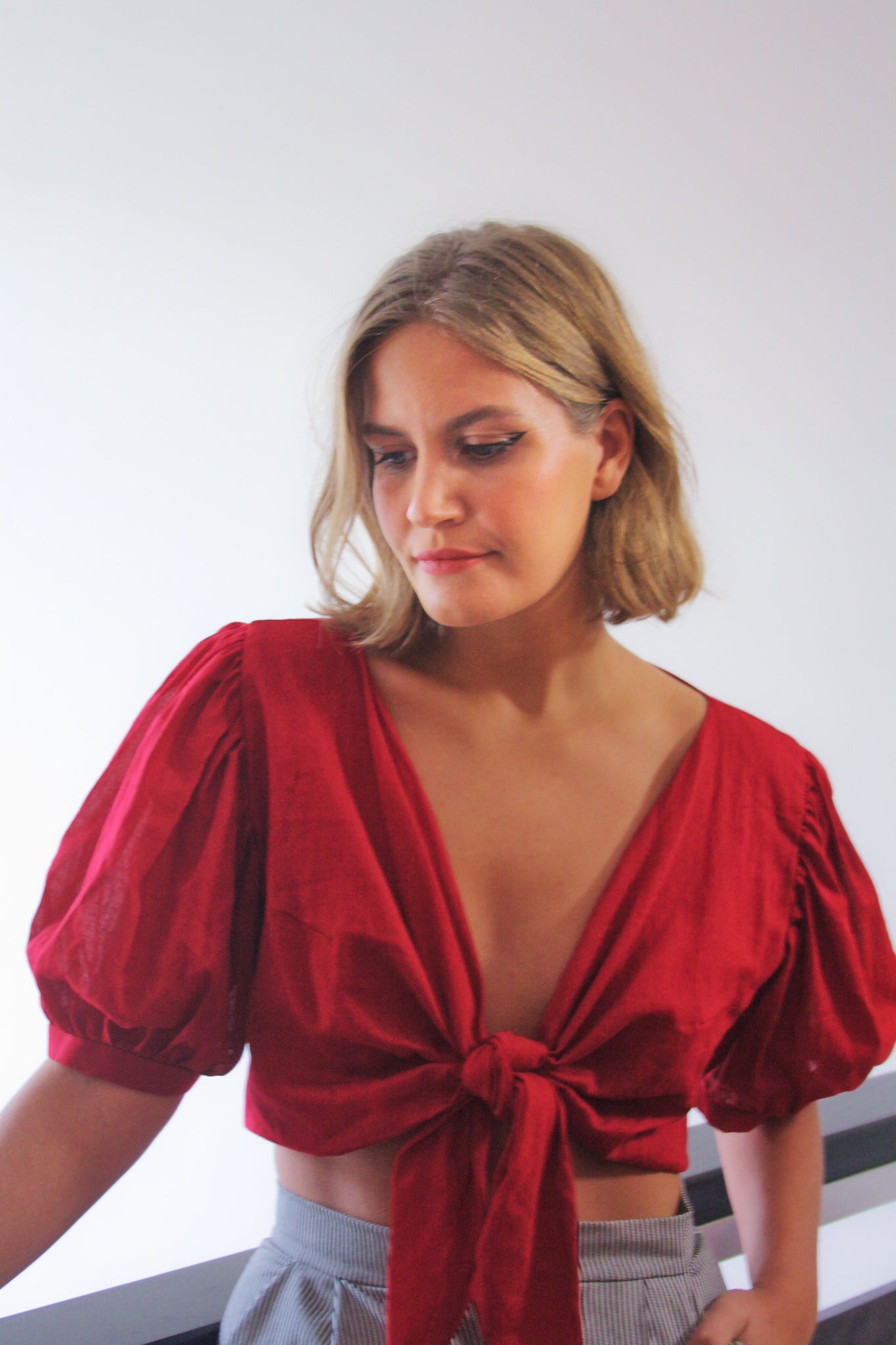 Ethically made organic muslin red puff sleeve tie front crop top