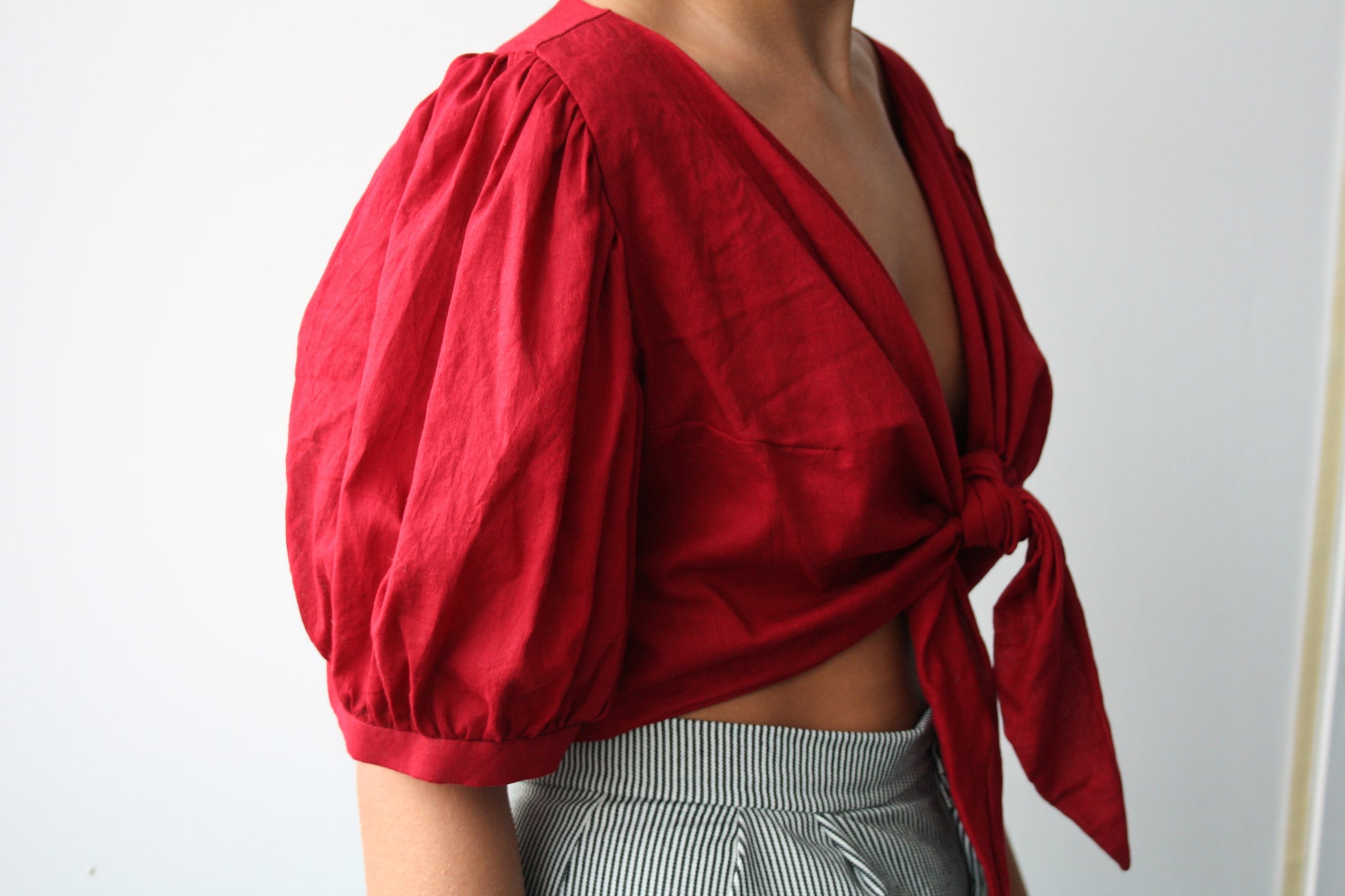 Ethically made organic muslin red puff sleeve tie front crop top