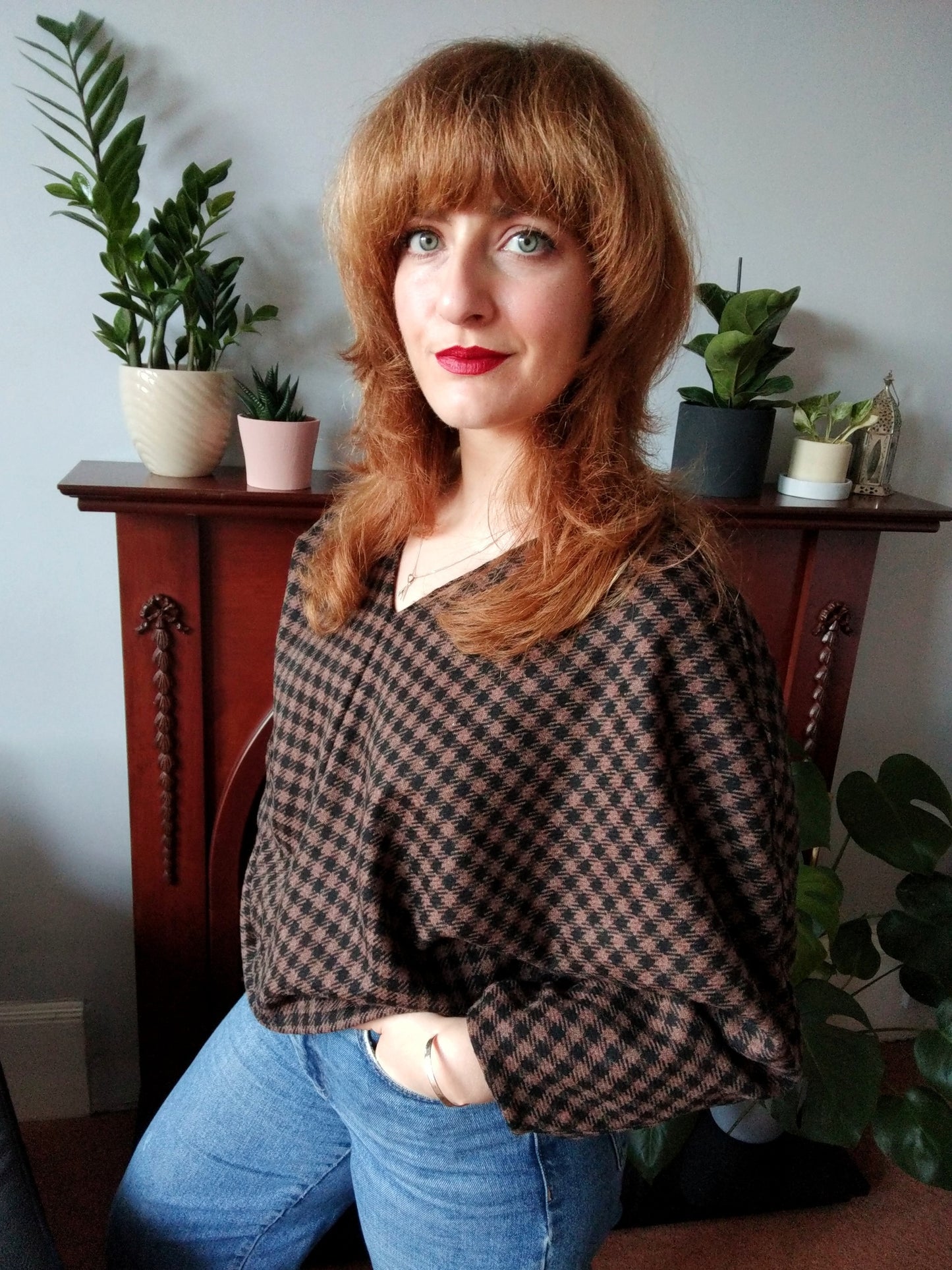 Ethical sustainable reclaimed tan and black gingham check wool sweater