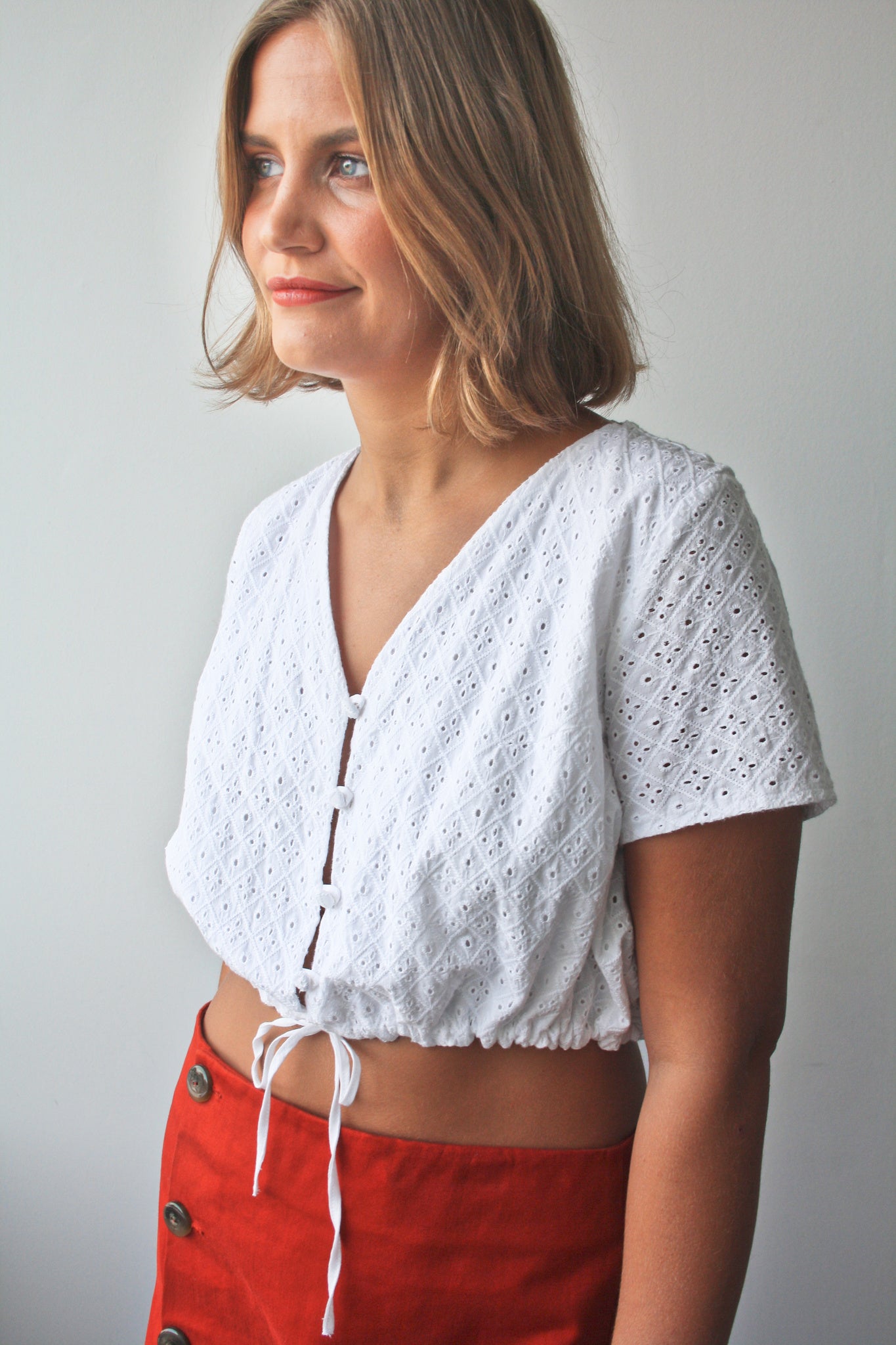 Ethical organic cotton white broderie anglaise cropped blouse 