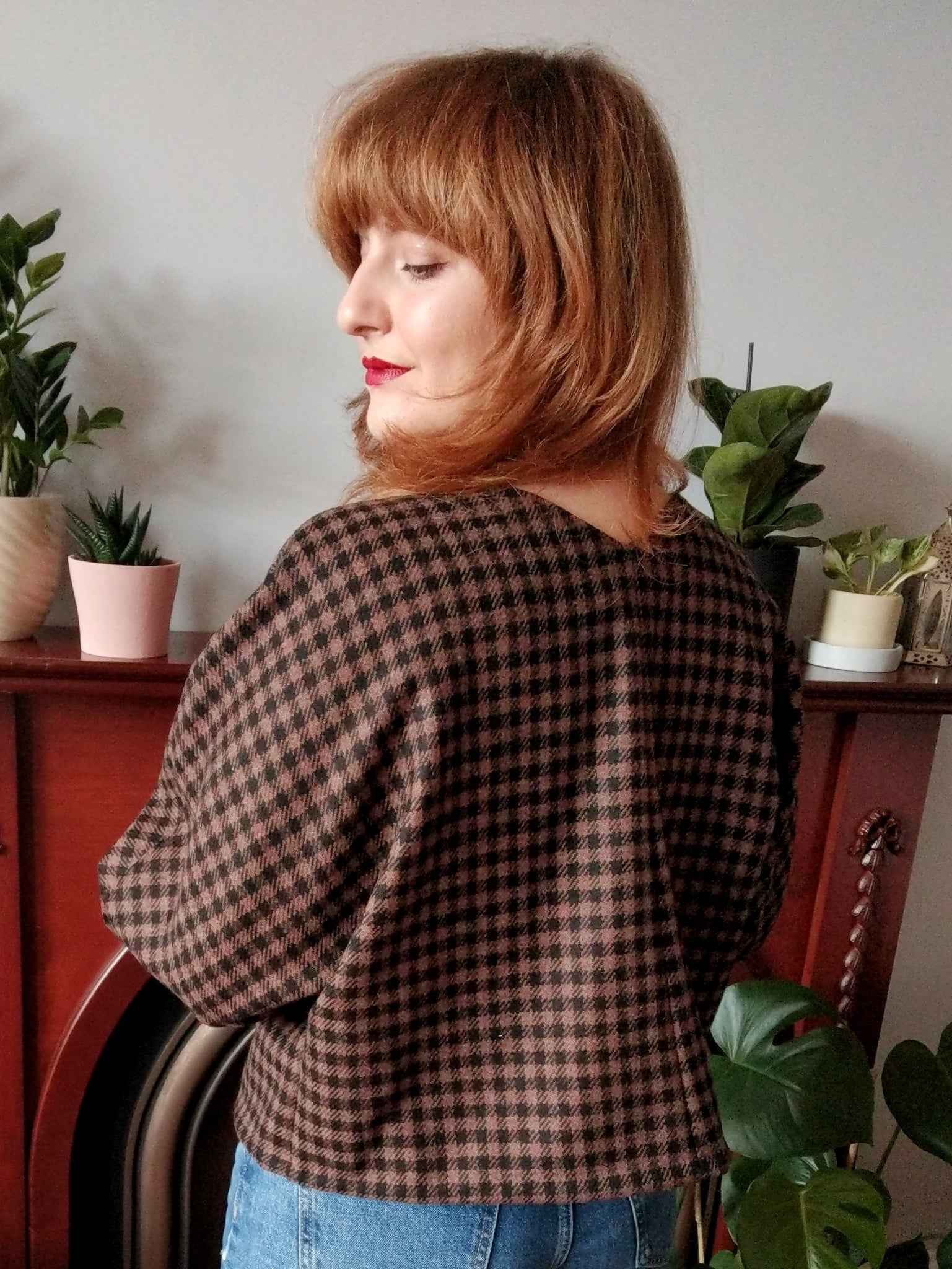 Ethical sustainable reclaimed tan and black gingham check wool sweater